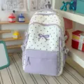 Cute mori-style polka dot backpack with purple bow, large capacity casual school bag for girls. - No Pendant / Purple
