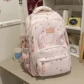 Pink cute student school backpack with grey stars and bunny ears, large capacity daily bag. - No Pendant / Pink