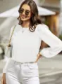 Elegante weiße Langarm Bluse für Damen, lässiges Crew-Neck Oberteil für Büro und Freizeit. - S / Oberteile / Gebrochenes Weiß