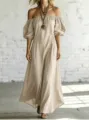 Off-Shoulder Puffarm Maxikleid Detail, elegantes drapiertes A-Linien-Resort-Kleid. - S / Kleider / Aprikose