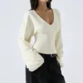 Damen V-Ausschnitt langer Trompetenarm einfarbig lose lässig stilvoll Oberteil Basisshirt - S / Oberteile / Creme