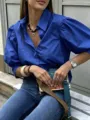 Classic royal blue puff sleeve blouse featuring a chic lapel and comfortable half sleeves. - Sapphire Blue