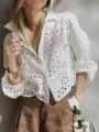 Weiße Lochstickerei Kurzarm Bluse für Damen, stilvolles französisches Sommer Casual Oberteil. - S / Oberteile / Weiß