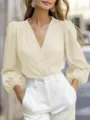 Elegante französische V-Ausschnitt Damenbluse mit Puffärmeln für Büroarbeit und Alltag. - S / Milchweiß