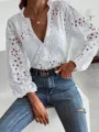 White hollow embroidery blouse, V-neck long sleeve lantern shirt with ruffle mock neck. - White