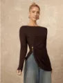 Damen einfarbig dunkelbraun Langarm Top mit stilvollem Ringknoten Detail lässige Bluse. - S / Kaffeebraun