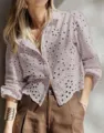 French style eyelet embroidered short blouse, breathable lantern sleeve casual crop shirt. - Light Purple