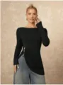 Schicke einfarbige langarm schmale lässige Pendlerbluse mit stilvollem seitlichen Ringdetail. - S / Schwarz