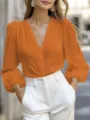Elegant orange V-neck blouse with lantern sleeves, stylish french office wear top for women. - Orange