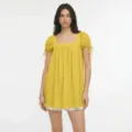 Yellow square neck puff sleeve babydoll top with cute ruffle hem and side tie details. - S / Turmeric