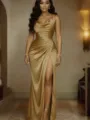 Stunning gold satin evening dress featuring a high slit and slim fit for chic party wear. - Gold