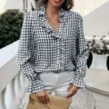 Black and white gingham long sleeve ruffle blouse for women, stylish chic casual top variant. - S / Black