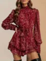 Robe longue à manches longues et imprimé floral avec ceinture pour mode féminine élégante. - S / Rouge