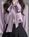 Elegant satin pussy-bow long sleeve blouse detail, gentle commuter style solid top. - Violet