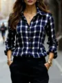 Women casual navy blue white plaid long sleeve lapel button down shirt basic daily top - Navy Blue