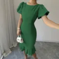 Elegantes grünes Midikleid mit Puffärmeln schmale Passform schickes Partykleid Damenbekleidung - S / Kleider / Grün