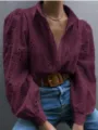 Vintage Floral Eyelet Embroidery Long Sleeve Blouse Casual Lapel Puff Sleeve Shirt Top - Fuschia