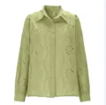 Green eyelet embroidered long sleeve lapel shirt featuring chic floral hollow design. - Grass Green