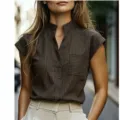 Damen gestreiftes kurzarm Hemd casual Umlegekragen Knopfleiste Bluse Oberteil Variante - S / Kaffeebraun