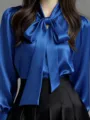 Royal blue satin blouse with elegant bow tie neck and long sleeves for professional women. - Sapphire Blue