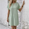 Grün-weiß gestreiftes Freizeitkleid, kurzärmeliges, loses Midikleid für Damen und Pendler. - S / Hellgrün