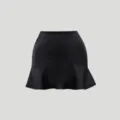 Schwarzer Satin-Minirock mit stilvollem Rüschensaum und figurformender hoher Taille. - S / Schwarz