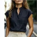 Damen Dunkelblaue Nadelstreifen Kurzarm Hemd Elegant Knöpfe Stehkragen Büro Bluse Top - S / Marineblau