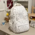 White canvas school backpack for teenage girls with cute star pattern and bunny ears, large capacity. - No Pendant / White