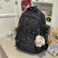 Zaino nero con stampa di stelle, orecchie di coniglio carine e ciondolo di peluche, borsa scolastica. - con portachiavi / Nero