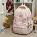 Zaino scolastico rosa carino con motivo a stelle orecchie di coniglio e ciondolo di peluche. - con portachiavi / Rosa