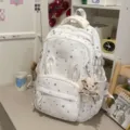 Zaino scolare carino con motivo a stelle per ragazze grande capacità borsa casual chic - con portachiavi / Bianco
