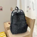 Korean style black star print school backpack for students, large capacity casual daypack. - No Pendant / Black