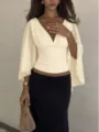Französischer Stil tiefes V-Ausschnitt Flatterärmel einfarbig slim Crop Bluse Top - Aprikose