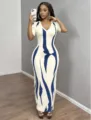 Europäisches und amerikanisches abstraktes Flammen-Print V-Ausschnitt Maxikleid für Damen. - S / Kleider / Saphirblau
