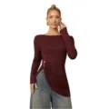 Damen Langarm Einfarbig Slim Fit Freie Elegante Bluse mit Seitlicher Schnalle. - S / Burgunderrot