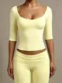 Vrouwen effen u-hals halve mouw crop top en slanke broek y2k sexy outfit geel - S / Geel
