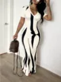 Bodycon maxi dress with abstract print, V-neck short sleeve slim fit long dress for women. - Black