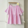 Rosa weiss gestreifte kurzarm Bluse casual leger A Linie Pendler Oberteil Variante - S / Fuchsia
