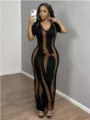 Elegant black short sleeve bodycon midi dress featuring a stylish brown abstract flame print. - Black/Coffee