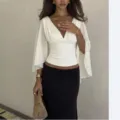 Europäischer französischer V-Ausschnitt transparenter Ärmel schlankes Crop-Top eleganter Stil - S / Weiß