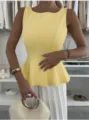 Elegant French style sleeveless yellow peplum top for women, chic slim fit blouse daily wear. - Yellow