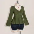 Olivgrünes Langarm Herzförmiger Ausschnitt Geknotet Plissiert Bluse Top Mit Jeans Shorts - S / Grün