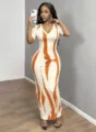 Women abstract print v-neck short sleeve bodycon maxi dress elegant slim fit casual dress - Orange