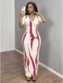 Women abstract print v neck short sleeve bodycon maxi dress chic slim fit long dress - Rose Red