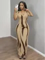 Women v-neck short sleeve bodycon long dress with abstract print, slim fit casual maxi dress. - Caramel color