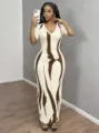 Damen abstraktes muster v-ausschnitt kurzarm bodycon maxikleid sexy schmale lange kleid - S / Kleider / Kaffeebraun