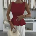 Rotes ärmelloses Schößchen-Top, eleganter französischer taillierter Rundhalsausschnitt Damen - S / Oberteile / Rot