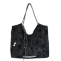 Large capacity star print shoulder tote bag, casual black canvas bag with drawstring handle. - Black