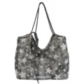 Casual grey star print canvas tote bag, large capacity stylish shoulder bag for daily wear. - White
