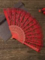 Ventaglio pieghevole in pizzo rosso, ventaglio a mano vintage per danza e fotografia. - Rosso
